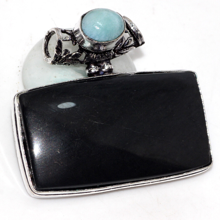 Black Onyx Larimar 925 Silver Plated 1.5 Inch Pendant Jewelry JW