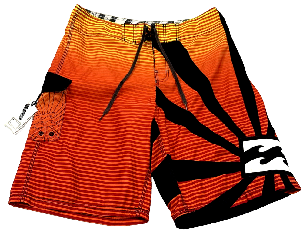 BILLABONG ANDY RISING SUN SIZE 34 ORANGE RARE BOARD SURF SHORTS W/ WAX COMB EUC