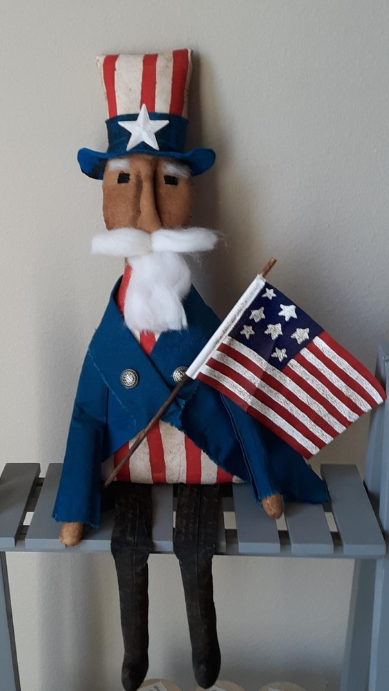 Extreme Primitive Americana Patriotic Uncle Sam Doll and His American Flag