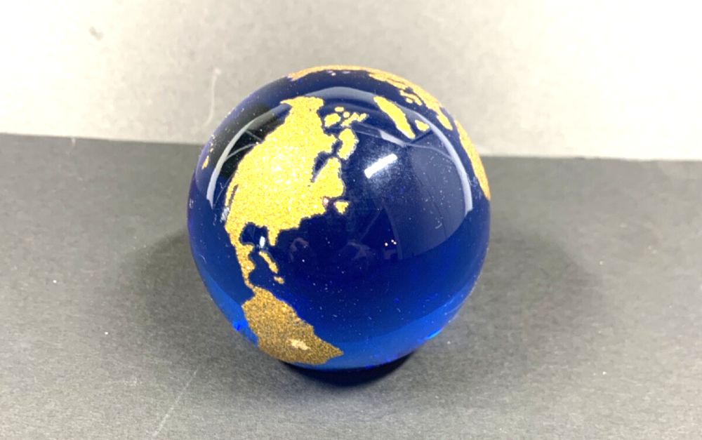 Cobalt World Globe Art Glass Paperweight Round Gold Continents Desk Accessory