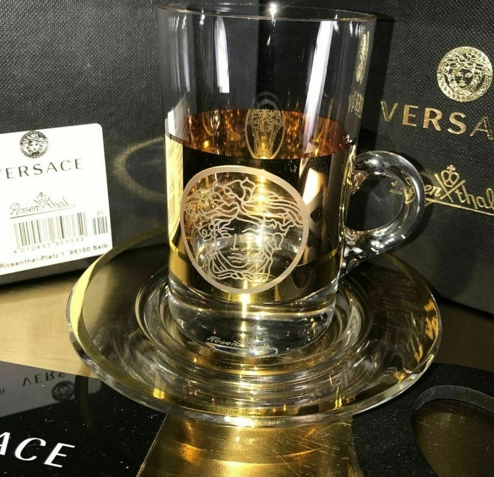 VERSACE GLASS SAUCER SET TEA  MEDUSA GOLD ORO ROSENTHAL LOVER GIFT NEW SALE