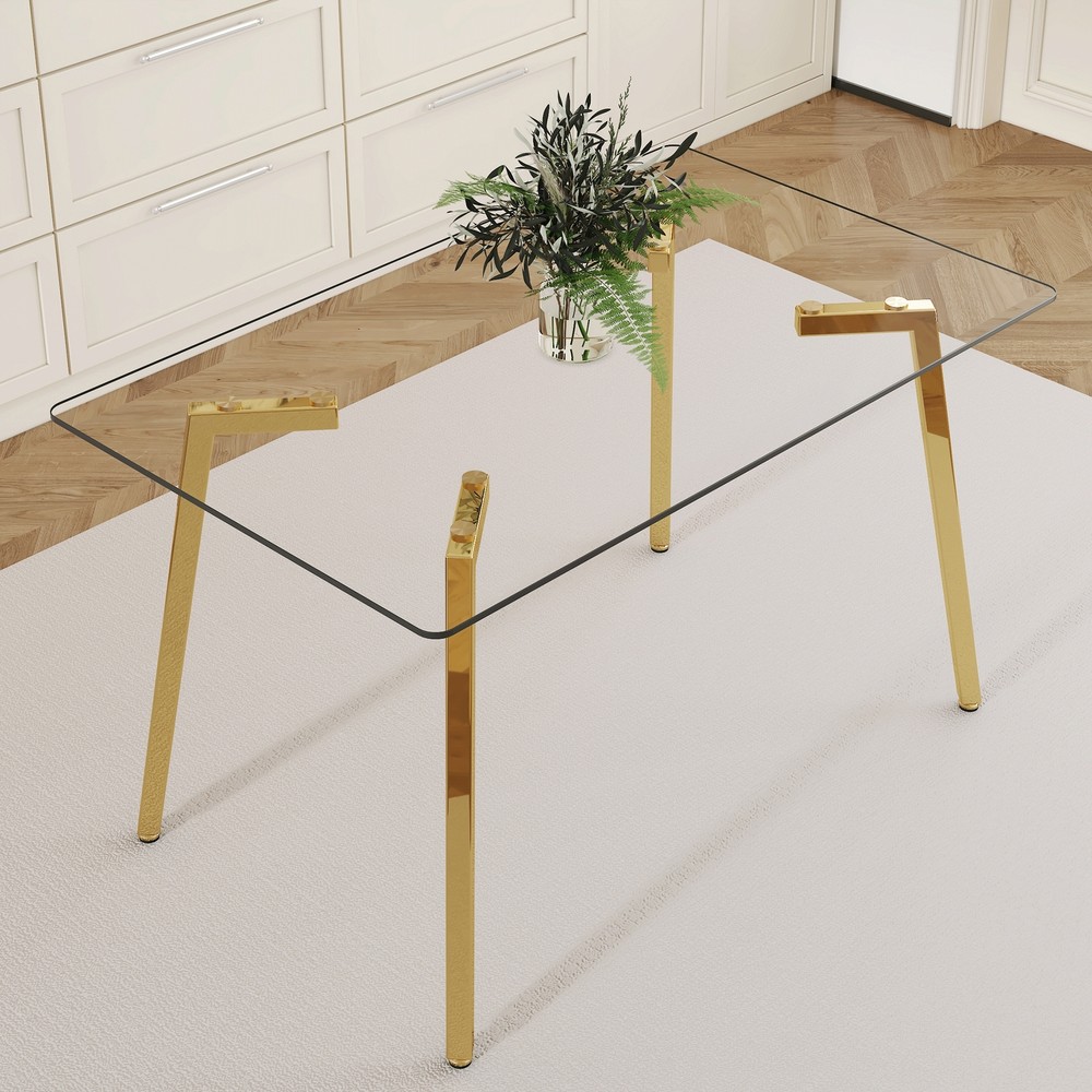 51x31.5 Inch Rectangular Glass Dining Table with Golden Base Seats 7