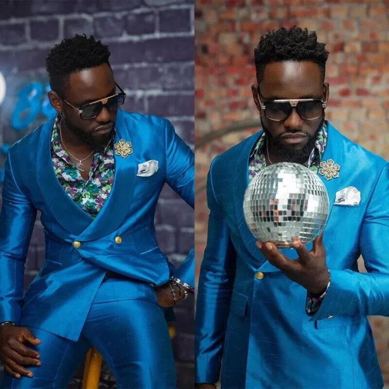 Royal Blue Solid Satin Suits for Men Wedding Business Evening Party Jacket 2 Pcs