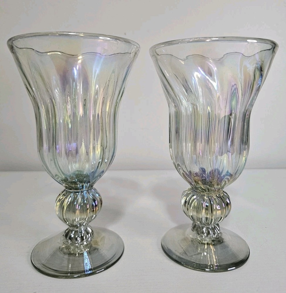 Set of 2 7-inch Fluted Mexican Hand Blown Iridescent Footed Goblet Glasses