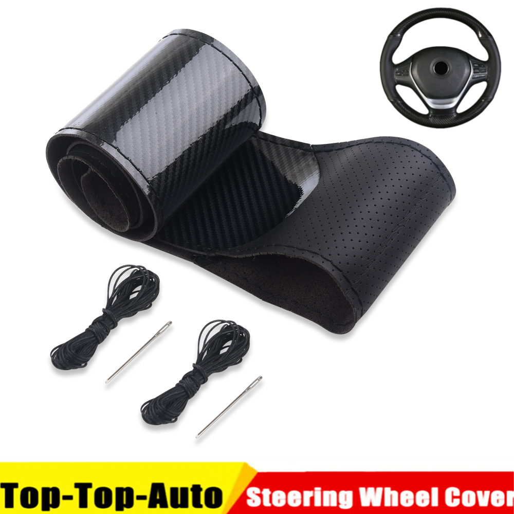 DIY Universal 38cm Black Carbon Leather Car Steering Wheel Cover+Needle Thread