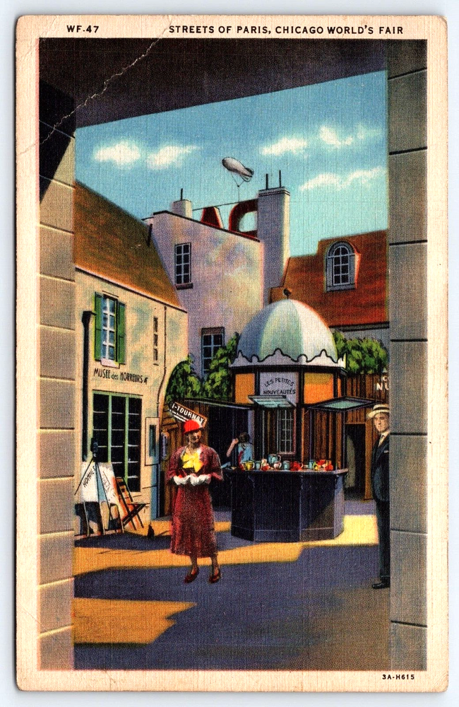 VINTAGE OLD ANTIQUE POSTCARD 1933 CHICAGO WORLDS FAIR STREETS OF PARIS BLIMP USA
