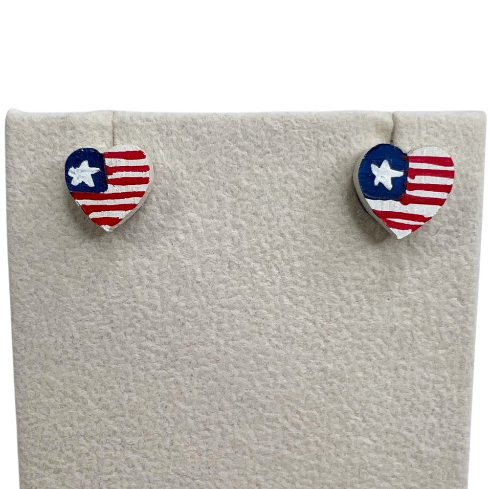 Hand Painted Heart American Flag Wood Stud Earrings for July 4th  