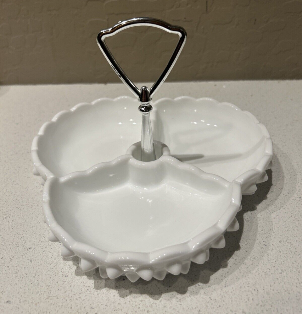 Fenton Hobnail White Milk Glass 3 Divided Relish Candy Dish Tray Handled VTG MCM