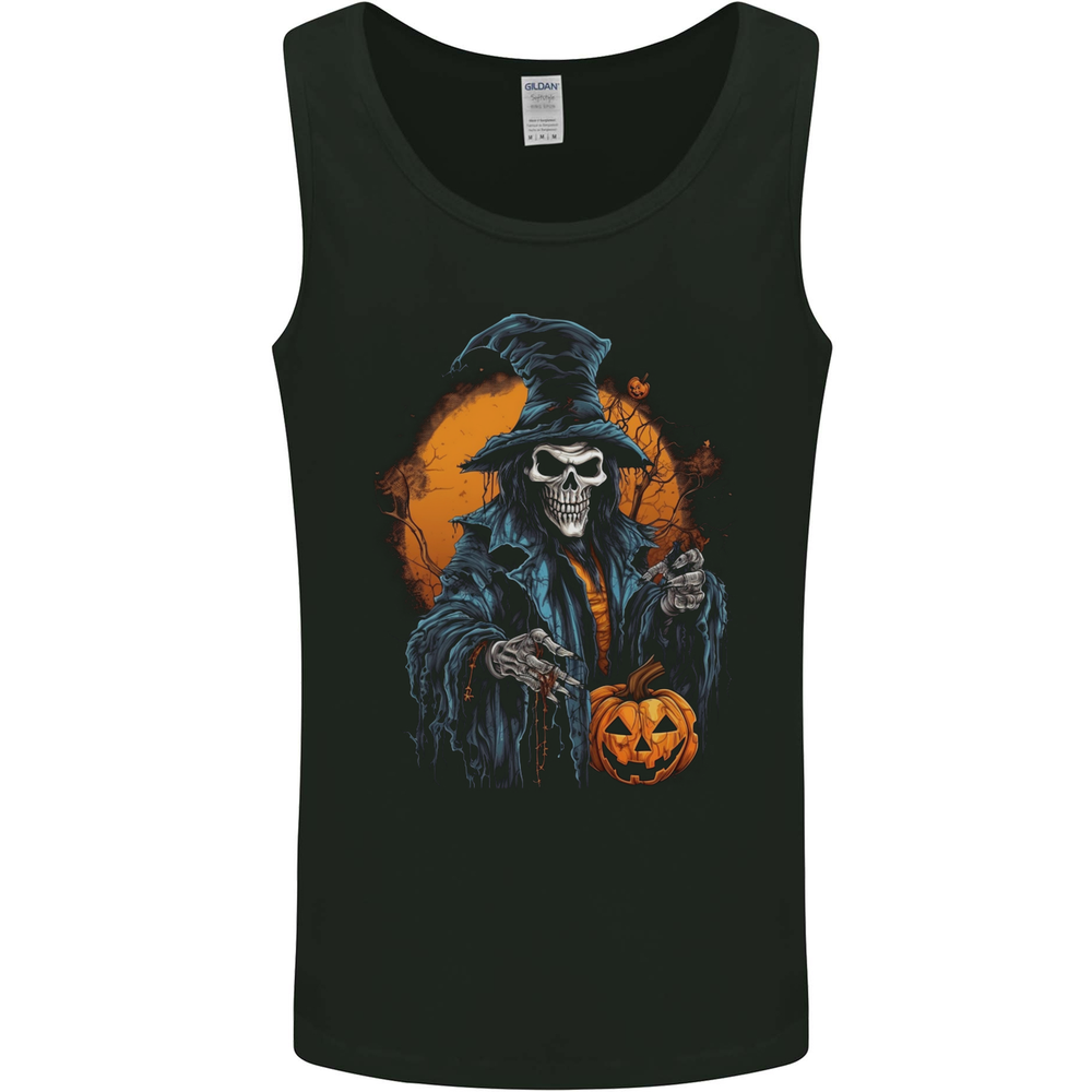 Halloween Wizard Witch With a Pumpkin Skull Mens Vest Tank Top