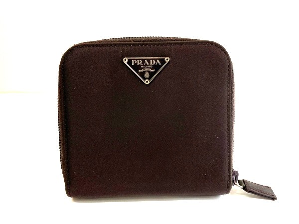 PRADA Tessuto nylon brown triangle compact two-fold wallet in good condition