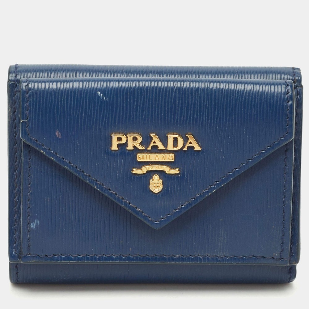 Prada Navy Blue Vitello Move Leather Envelope Trifold Wallet