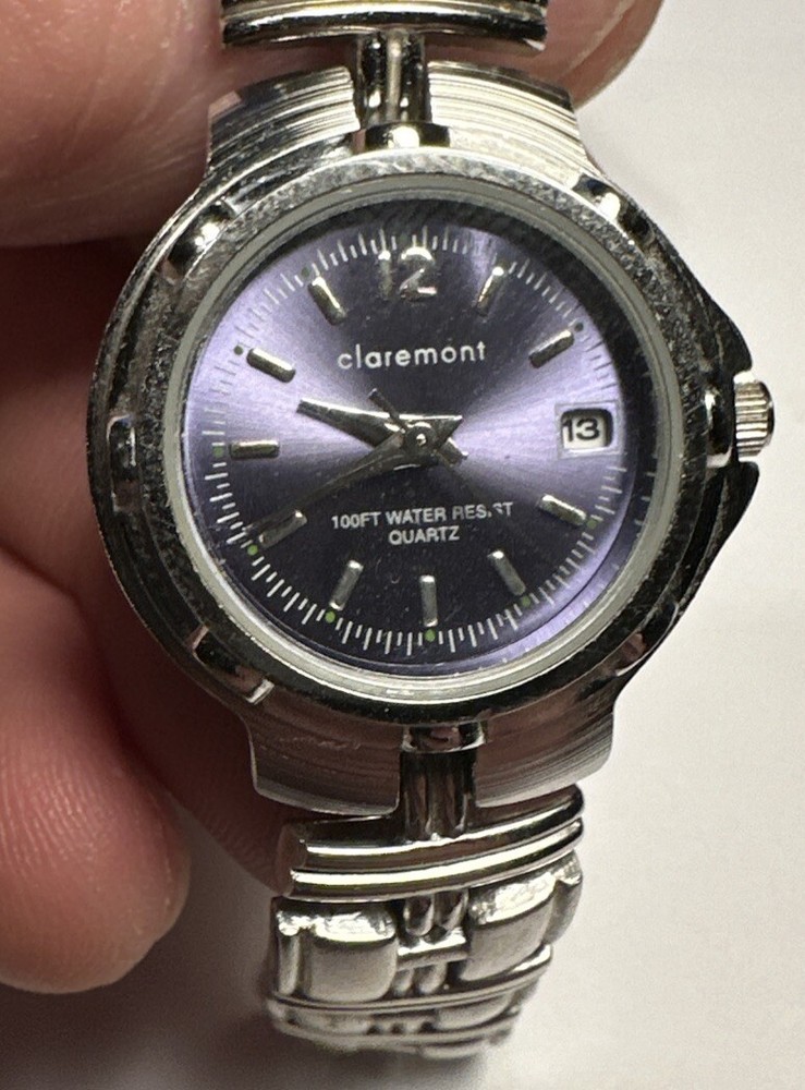 LADIES  CLAREMONT WATCH Quartz Light Purple Dial-Date-8” Stainless Band-New batt