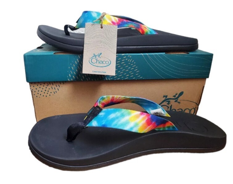 Chaco Sandals Men 12 Chillos Black Flip Flop Rainbow Shoes Tie Dye Boxed