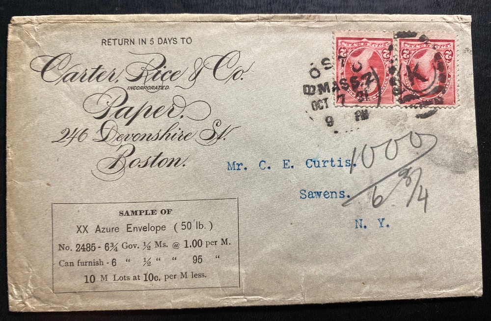 1881 Boston MA USA Advertising Cover To Sawens NY Caster rice Paper
