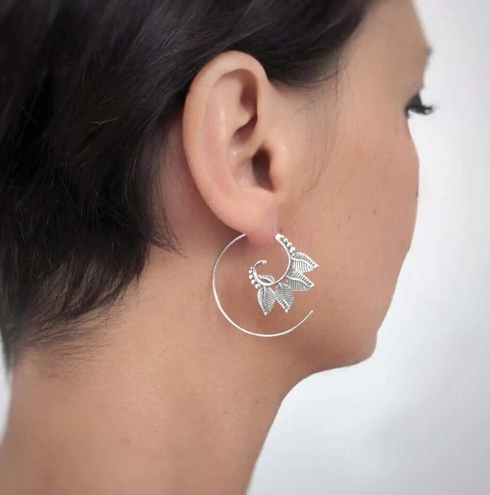Tribal leaf spiral sterling silver threader earrings Indian swirl design