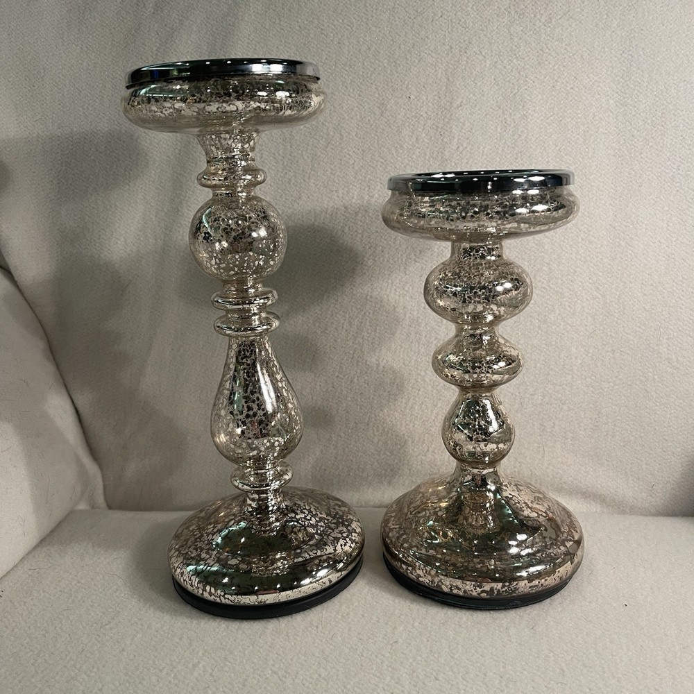 Mercury Glass Pillar Candle Holder Set of 2 in 8.5 and 10.75 Inch Heights