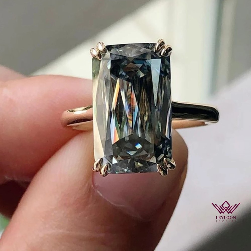 14K Gray Moissanite Elongated Radiant Cathedral Ring  