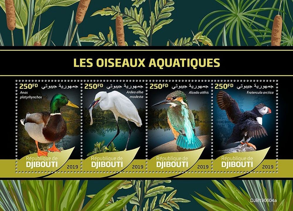 AQUATIC WATER BIRDS 4-Value MNH Bird Stamp Sheet #171 (2019 Djibouti)