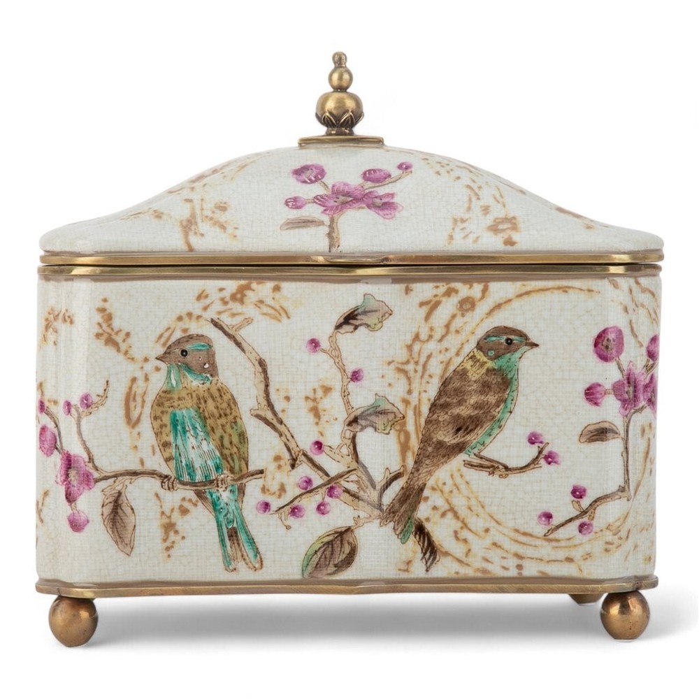 Antique Porcelain Bronze Ormolu Spring Blossom Bird Jewelry Box Casket