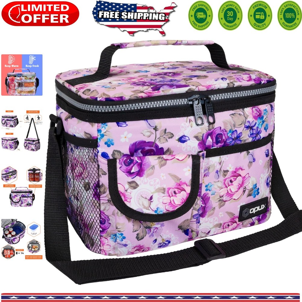 OPUX Insulated Lunch Bag for Men Women Leakproof Floral Purple Box Work