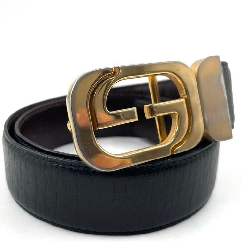 Rare GUCCI Leather Belt GG Logo Buckle Black Gold Women's Size 80 cm (31.5 in)