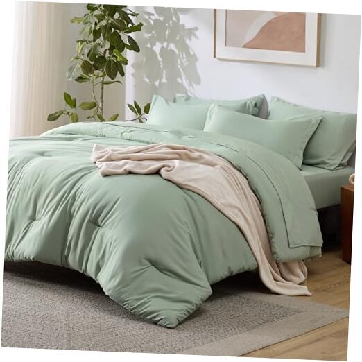 Full Comforter Set Sage Green, 8 Pieces Prewashed Full Size Bed in a Bag with