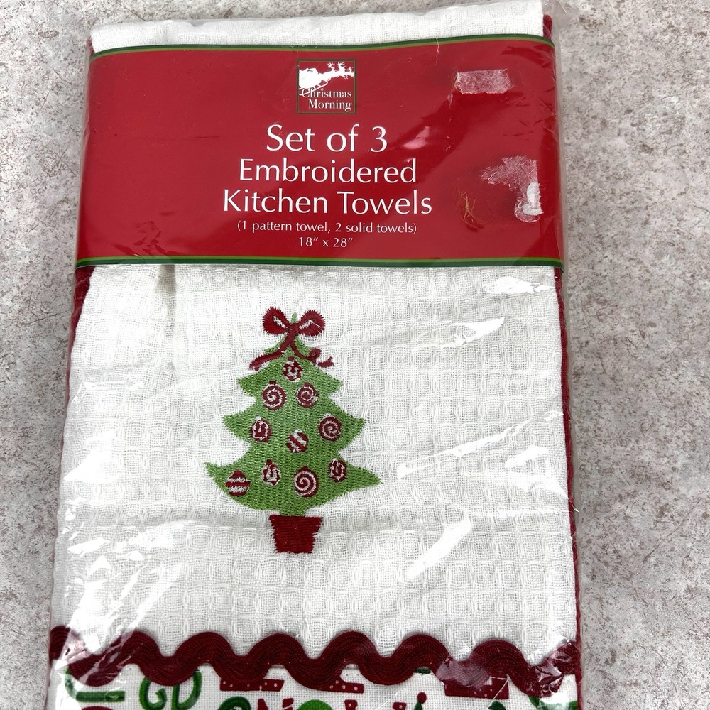 Christmas Morning Set of 3 Embroidered Kitchen Towels White/Red/Green #80389