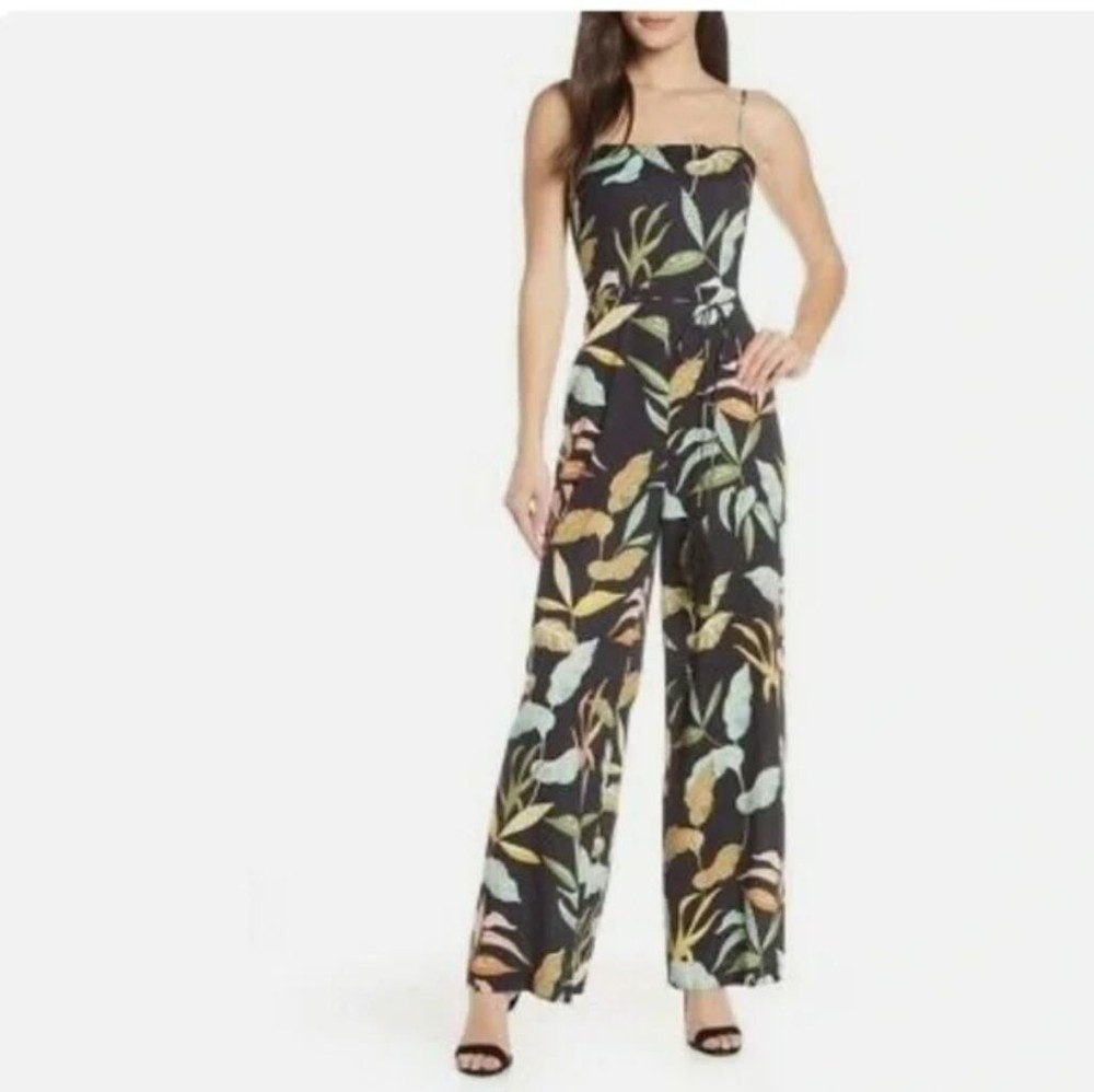 Chelsea28 Women's Tropical Print Wide Leg Sleeveless Tie Waist Jumpsuit Sz 14