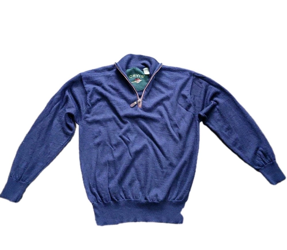 Orvis Men's Size Large 1/4 Zip Pullover Sweater Wool Navy Outdoor Nature Preppy