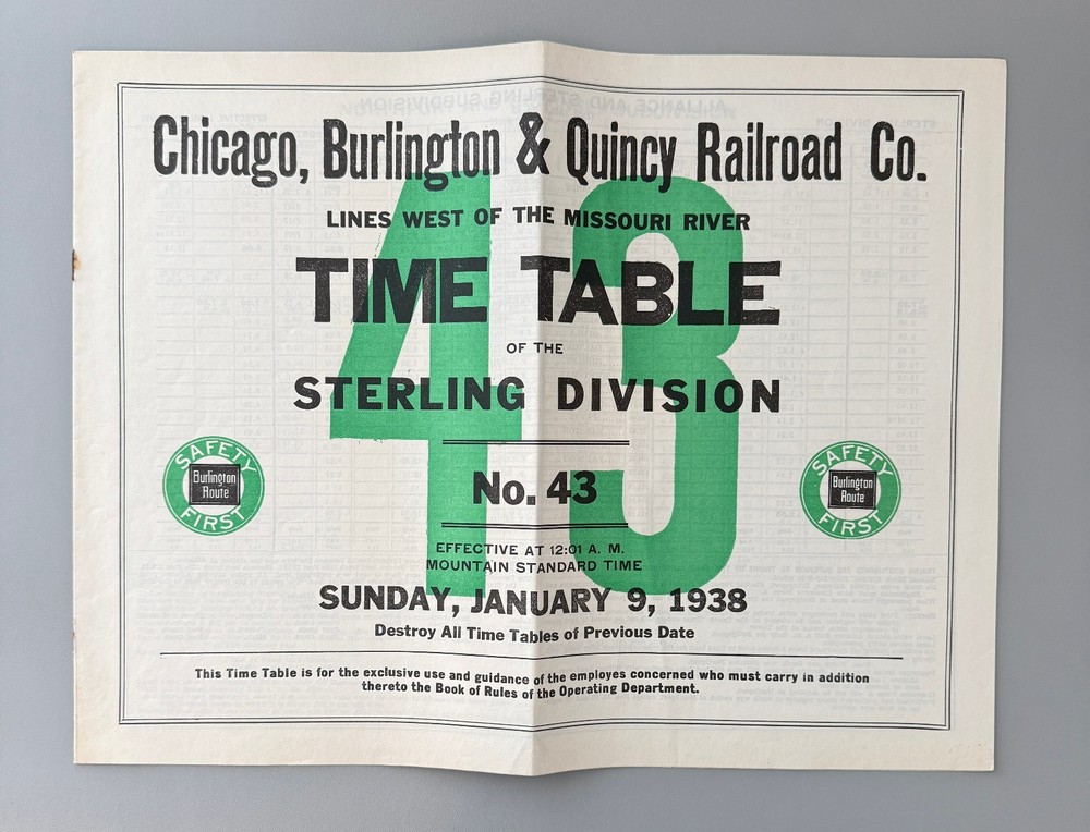 JAN 9 1938 CHICAGO BURLINGTON & QUINCY STERLING DIVISION EMPLOYEE TIMETABLE #43