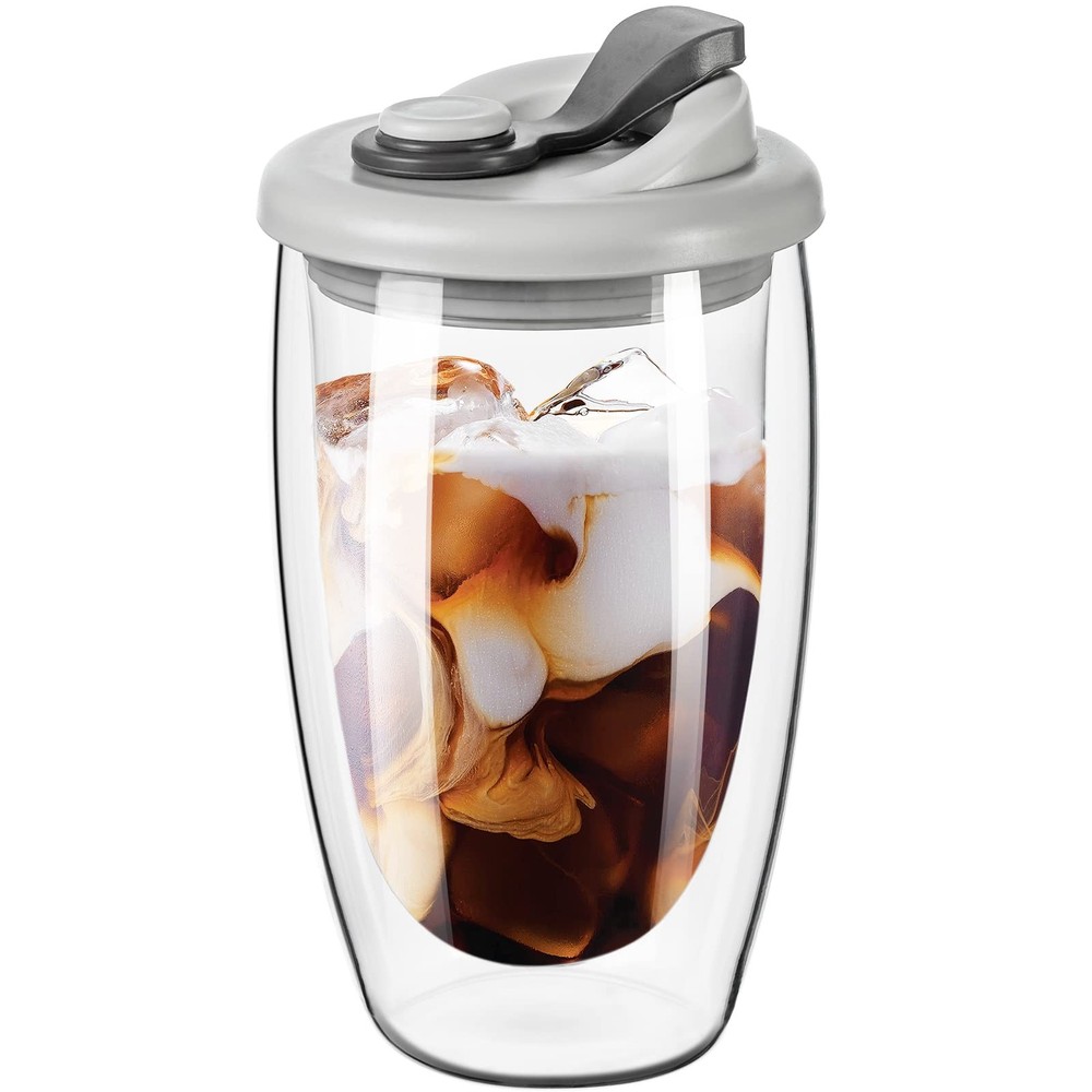 Double Wall Glass Coffee Mug Glass Coffee Cup with Silicone Lid 15 OZ Insulated