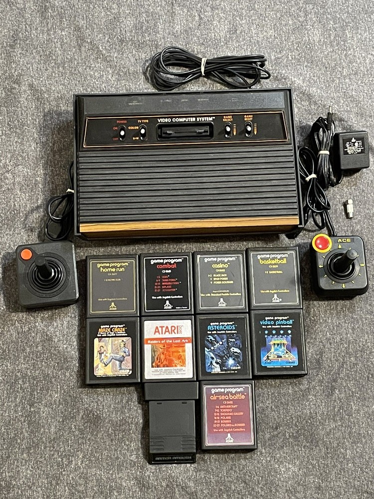Atari 2600 4 Switch Woody Console Joysticks Power Supply 10 Games Cleaned Tested