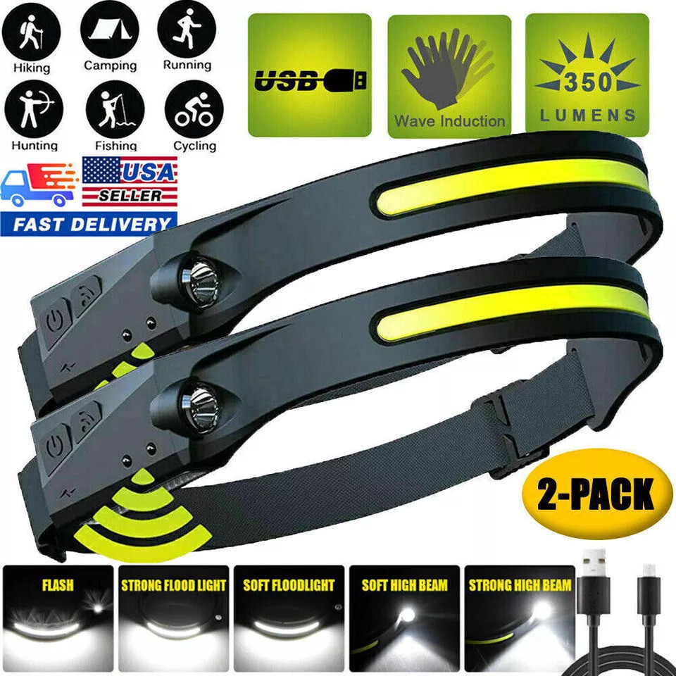 2X Waterproof COB Headlamp Night Buddy LED Sensor 230° Head Torch Headlight Lamp