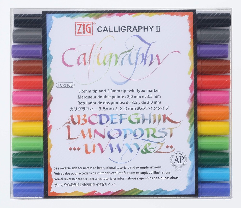 ZIG Calligraphy Marker Pens 12-Color Set with 2mm & 3.5mm Dual Tips for Hand Lettering and Art