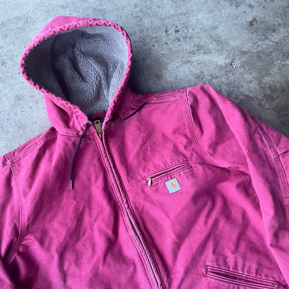 Vintage Pink Carhartt Hooded Sherpa Jacket Mens Large or Womens XL Detroit