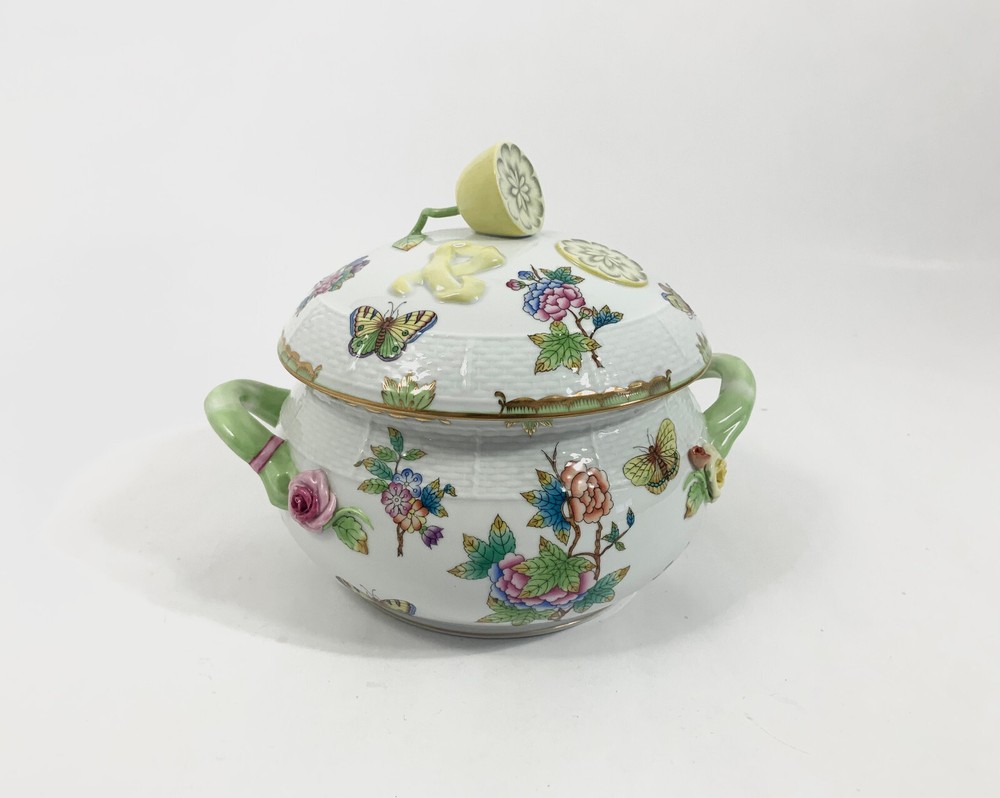Herend Queen Victoria Green Border Lemon Handle Soup Tureen with Lid