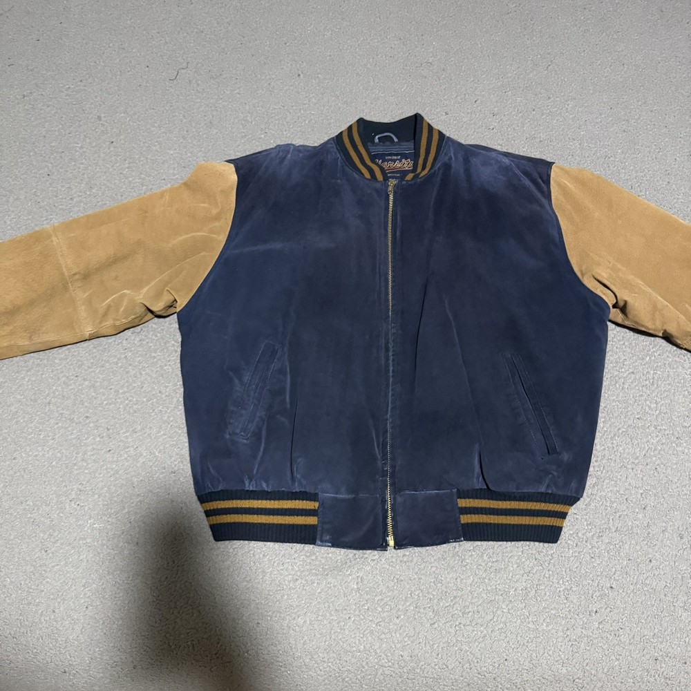 Vintage Varsity Jacket Men's XL Blue & Tan Suede Leather Elbow Patch