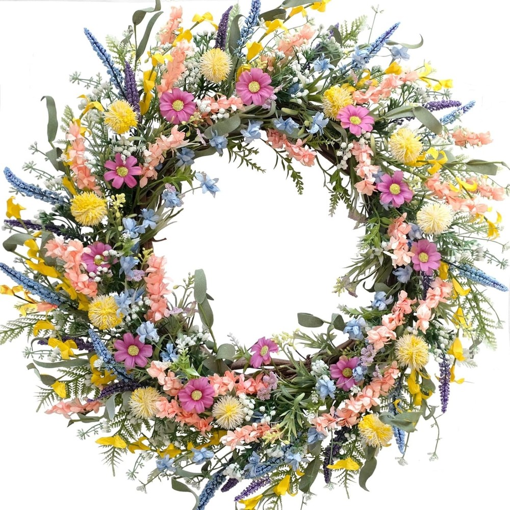 Egolot 24 Inch Colorful Forsythia Flower Wreath for Spring Summer Front Door Decor