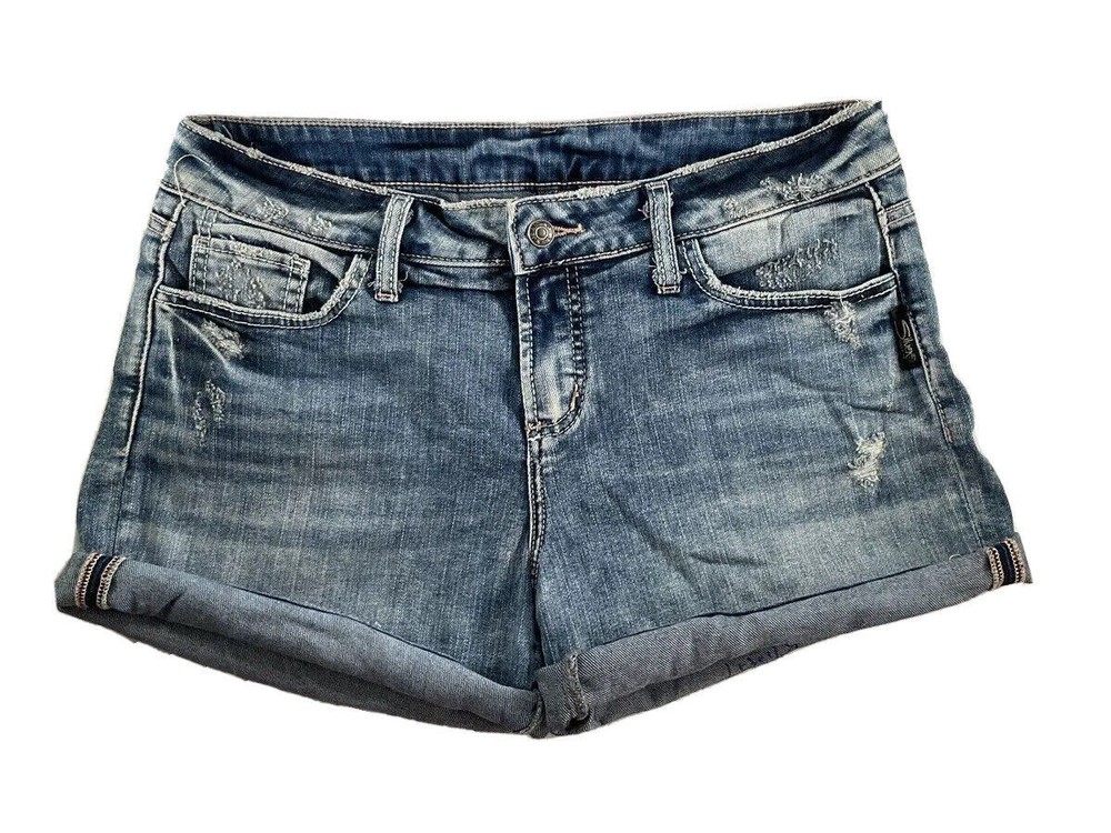 Silver Jeans Mid Rise Elyse Curvy Cuffed Distressed Denim Shorts Women's 28 6