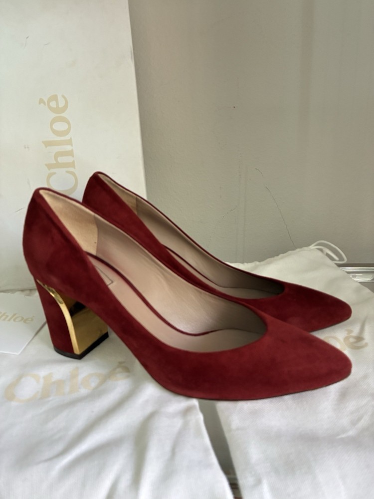 Chloe 37.5 Dark Red Suede Block Pumps with Gold 70 Heel