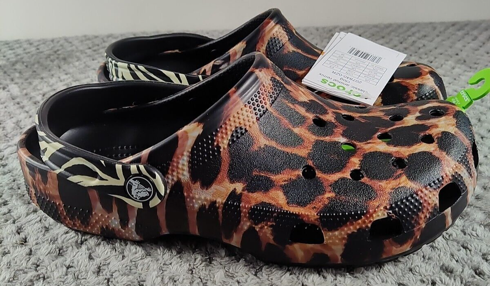 Crocs Women's Classic Animal Remix Clog in Black/Multi Animal Pattern Size 9 Comfortable Lightweight Slip-On Style