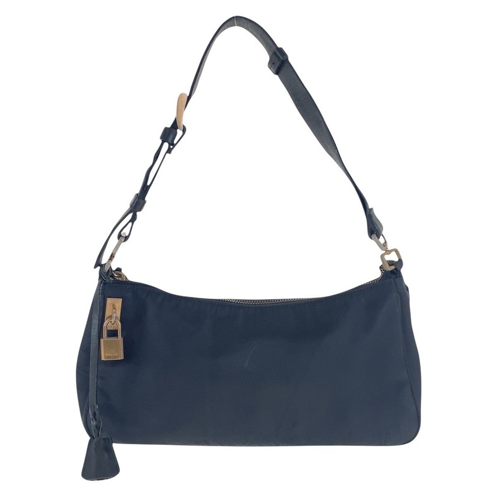 RARE PRADA Tessuto Triangle Logo Black Gold Hardware Nylon Leather Shoulder Bag