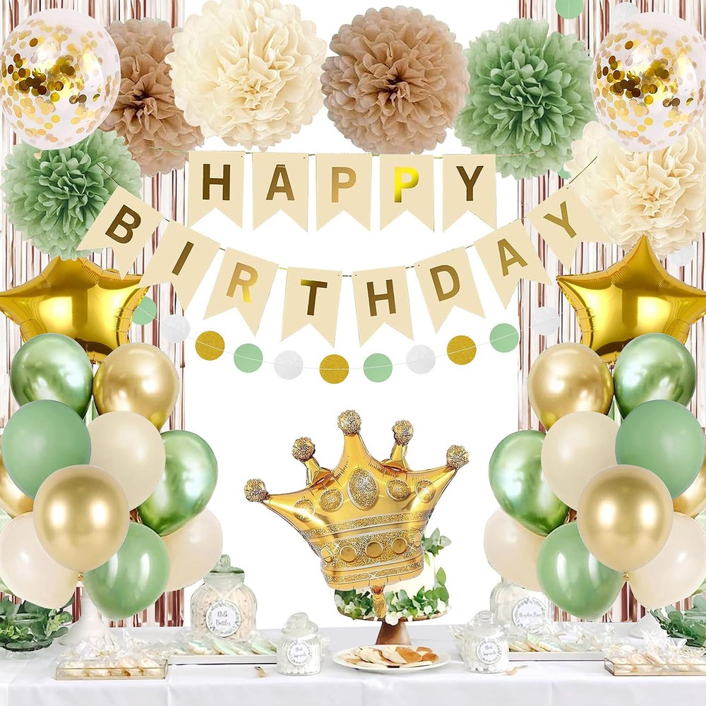 Sage Green And Gold Birthday Decorations Banner Curtain Poms Balloons For Women