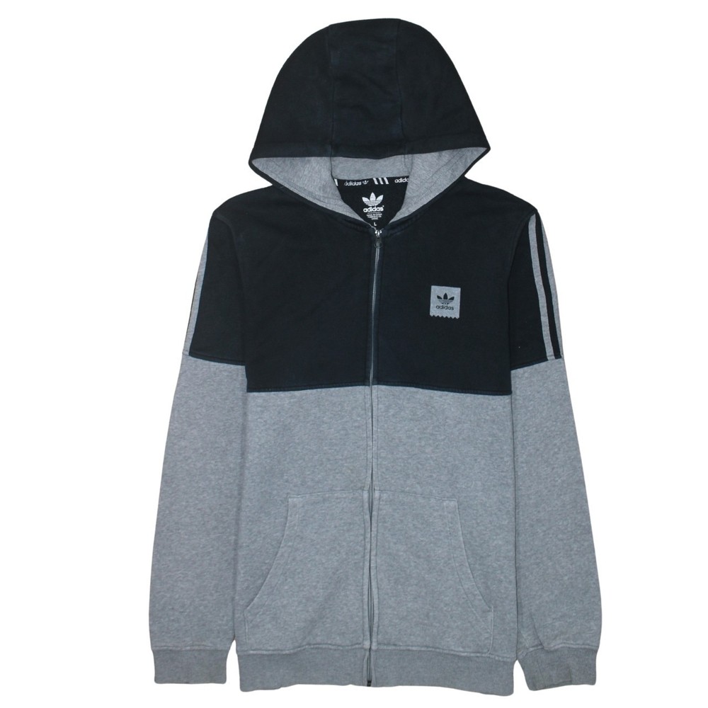 Adidas Womens Hoodie Black Grey Fleece Lined Hooded Full Zip Three Stripe L