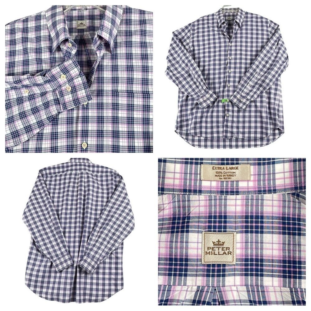 Men's Peter Millar 100% Cotton Blue & Pink Plaid Long Sleeve Button Down XL 0074