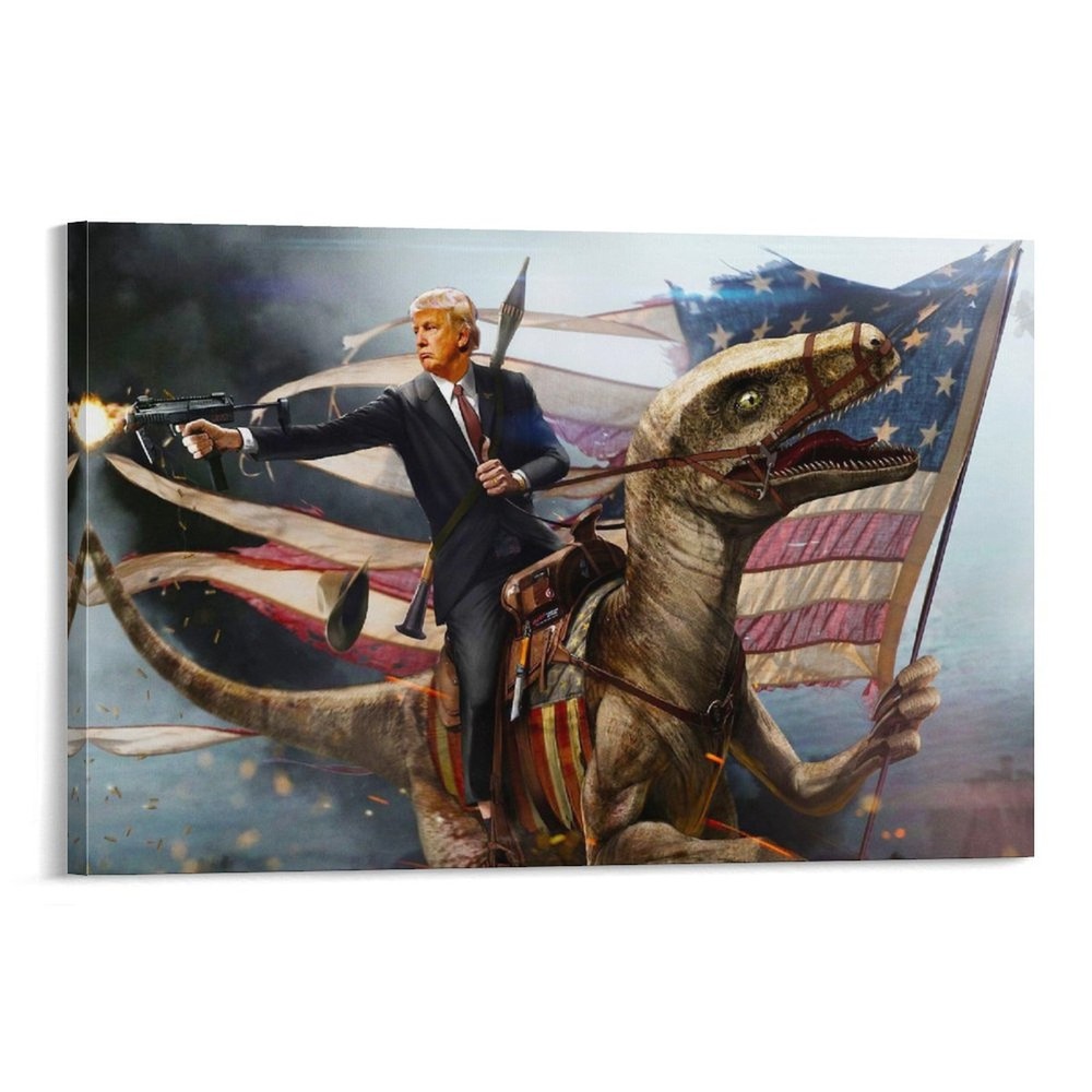 Trump Dinosaur Battle Wall Art Canvas Print Vintage Retro Design