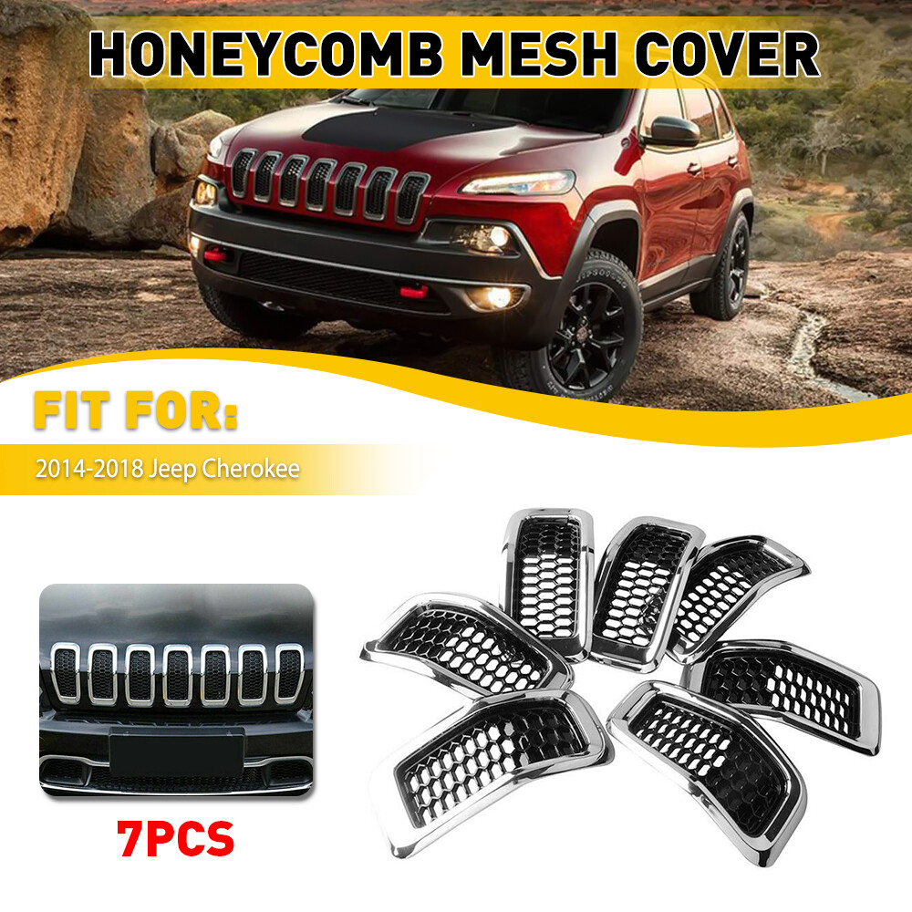 For 2014-2018 Jeep Inserts Mesh Honeycomb Cherokee Front Grill Cover Chrome 7pcs