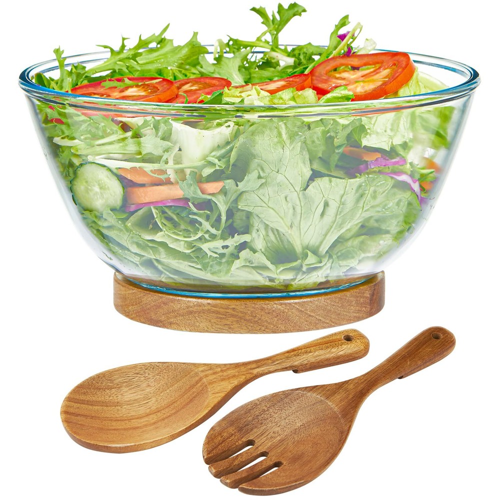 Large Glass Salad Bowl Set with Acacia Wood Base and Servers