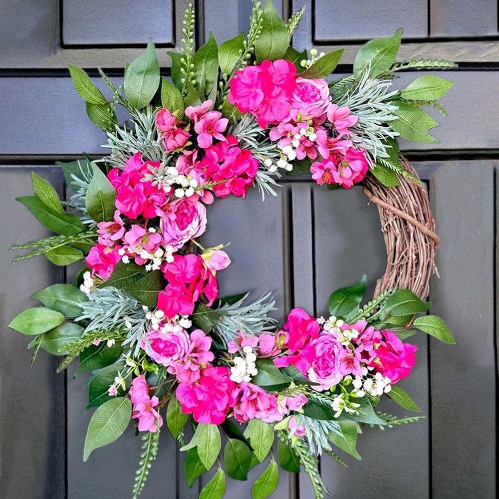 Hot Pink Peony Hydrangea Spring Summer Wreath 22In Front Door Decor