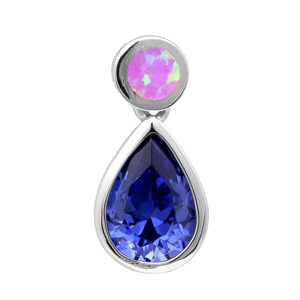 Pink Opal & Simulated Tanzanite Pear Shape Pendant Necklace - Sterling Silver